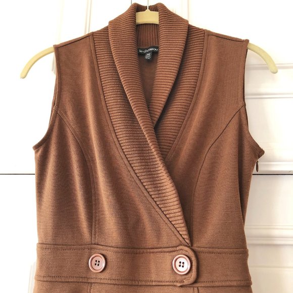 Rich Brown Shawl-Collar Blazer-Like Sleeveless Sweater Dress - Size XXS - Picture 3 of 16